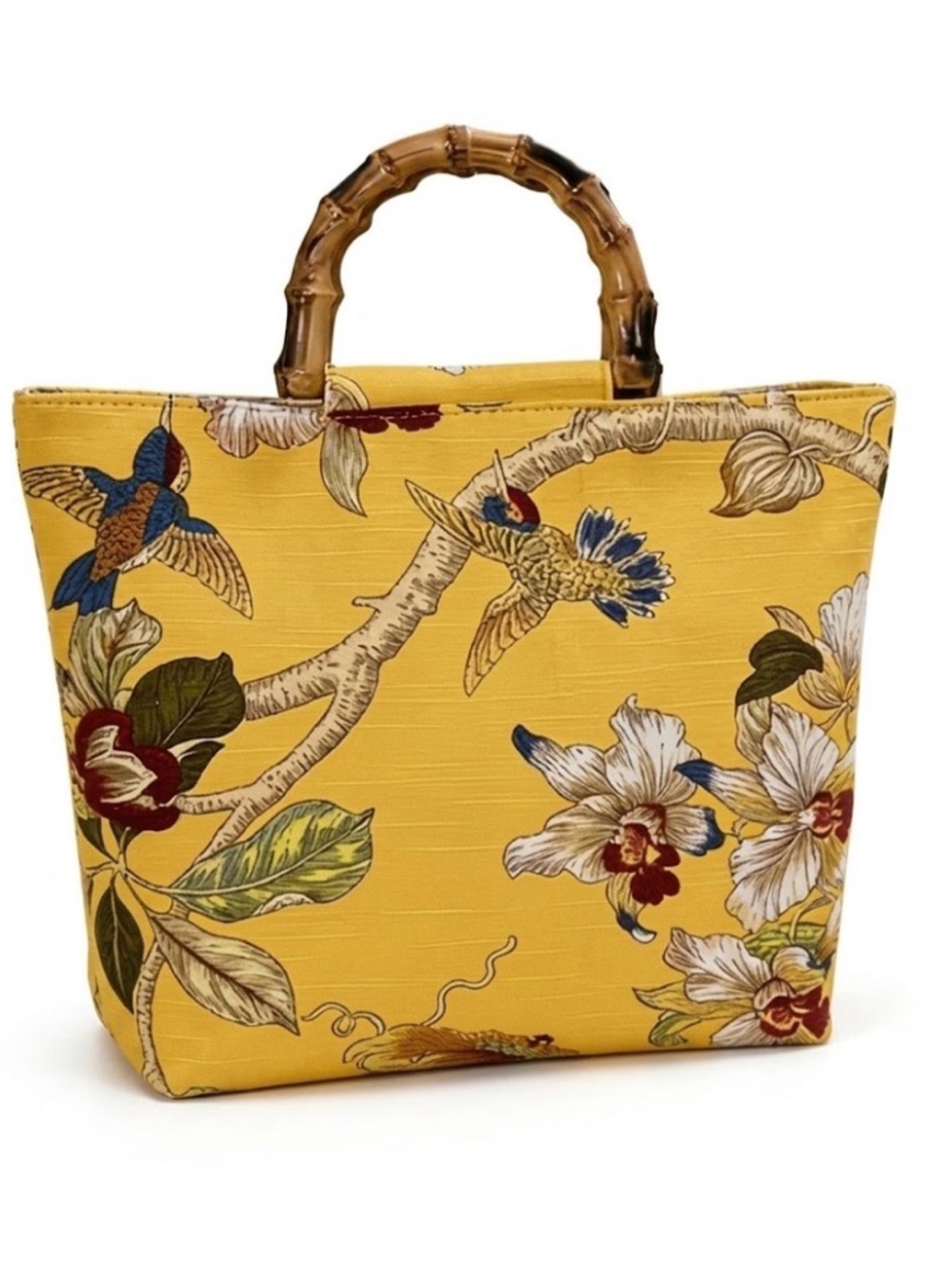 Yellow Floral Bamboo-Handle Tote Bag